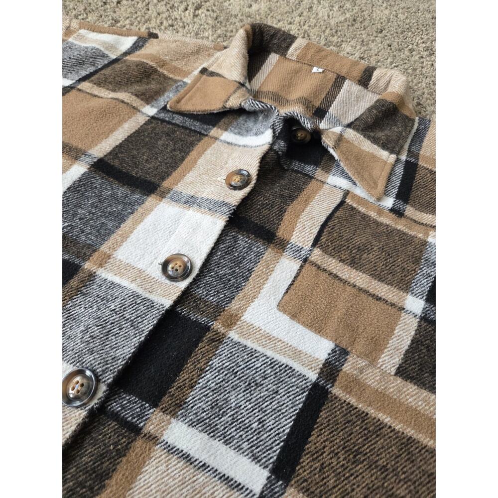 Brown Plaid Flannel Shacket Button Down Drop Shoulder Oversized Shirt Size L - Picture 4 of 8